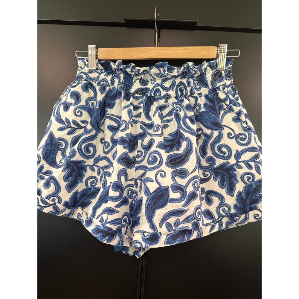 Cleobella Blue White Paisley Organic Cotton Paperbag Waist Smocked Shorts Small